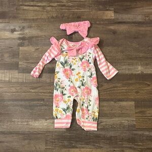 Charming Pink Floral Kids Romper with Headband